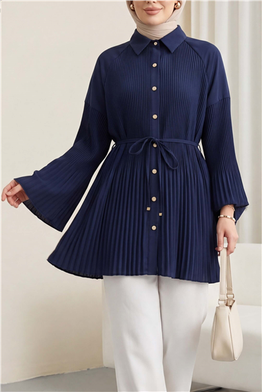 Beli Bağlamalı Taşlı Düğmeli Pliseli Poplin Tunik -Lacivert