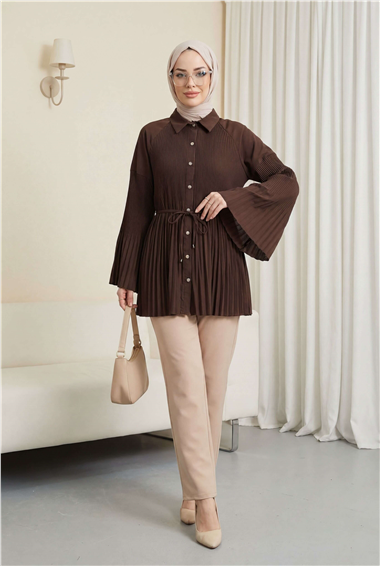 Beli Bağlamalı Taşlı Düğmeli Pliseli Poplin Tunik -Kahverengi