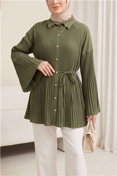 Beli Bağlamalı Taşlı Düğmeli Pliseli Poplin Tunik -Haki