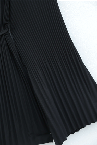Beli Bağlamalı Taşlı Düğmeli Pliseli Poplin Tunik -Siyah