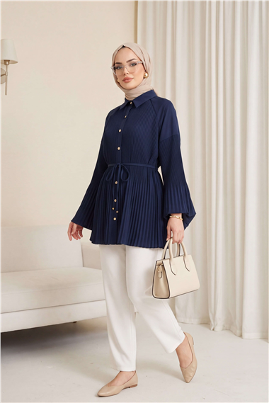 Beli Bağlamalı Taşlı Düğmeli Pliseli Poplin Tunik -Lacivert