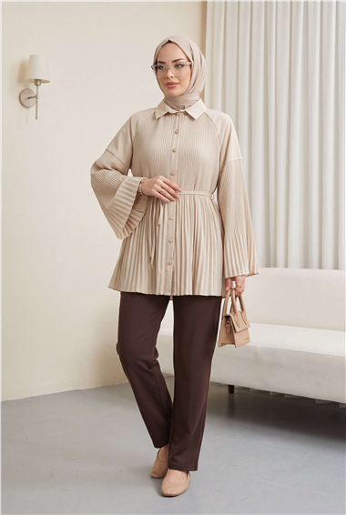 Beli Bağlamalı Taşlı Düğmeli Pliseli Poplin Tunik -Bej