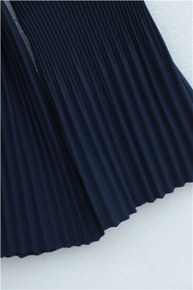 Beli Bağlamalı Taşlı Düğmeli Pliseli Poplin Tunik -Lacivert