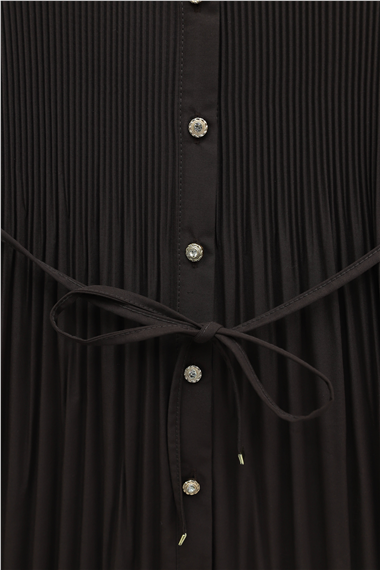 Beli Bağlamalı Taşlı Düğmeli Pliseli Poplin Tunik -Kahverengi