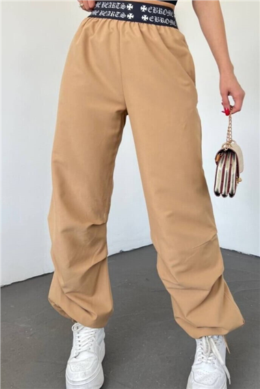 Beli Bantlı Paçası Lastikli Pantolon -Vizon