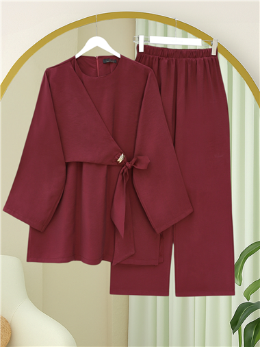 Beli Çapraz Bağlamalı Pantolonlu Modal Takım  -Bordo