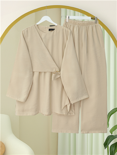 Beli Çapraz Bağlamalı Pantolonlu Modal Takım  -Bej