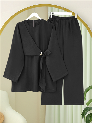 Beli Çapraz Bağlamalı Pantolonlu Modal Takım  -Siyah