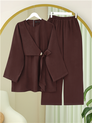 Beli Çapraz Bağlamalı Pantolonlu Modal Takım  -K. Kahve