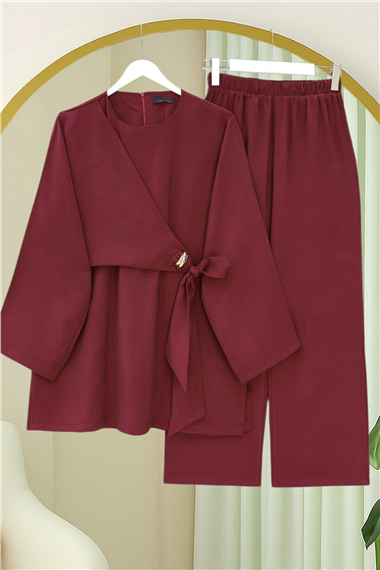 Beli Çapraz Bağlamalı Pantolonlu Modal Takım  -Bordo