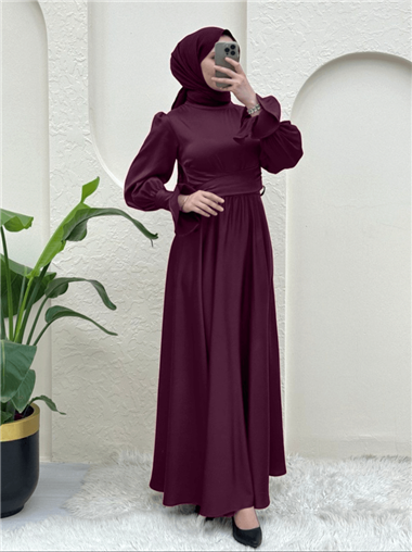 Beli Çapraz Bağlamalı Saten Abiye -Mürdüm