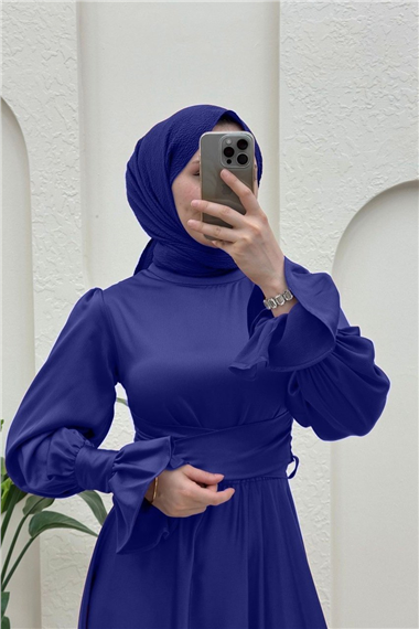 Beli Çapraz Bağlamalı Saten Abiye  -Saks