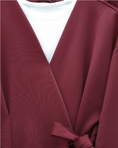 Beli Çift Bağlamalı Scuba Kimono Takım  -Bordo