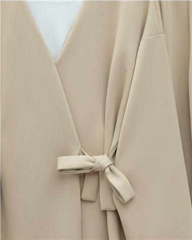 Beli Çift Bağlamalı Scuba Kimono Takım  -Bej
