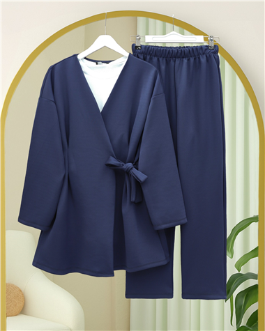 Beli Çift Bağlamalı Scuba Kimono Takım  -Laci