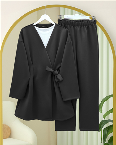 Beli Çift Bağlamalı Scuba Kimono Takım  -Siyah
