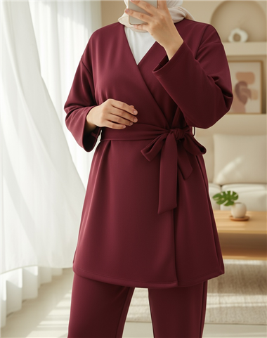 Beli Çift Bağlamalı Scuba Kimono Takım  -Bordo