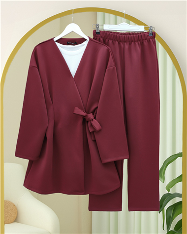 Beli Çift Bağlamalı Scuba Kimono Takım  -Bordo