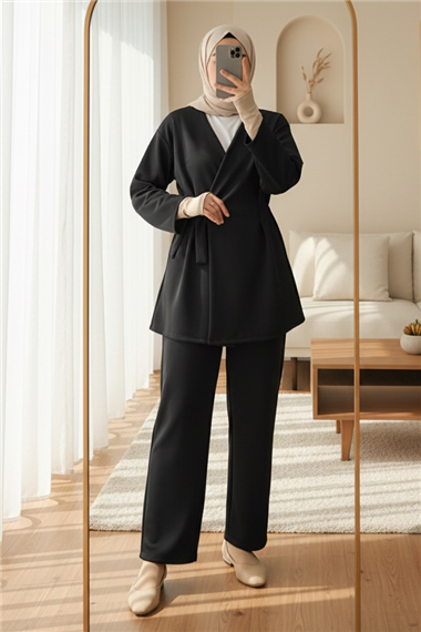 Beli Çift Bağlamalı Scuba Kimono Takım  -Siyah