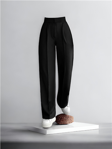 Beli Cırtcırt Detay Boru Paça Kumaş Pantalon -Siyah