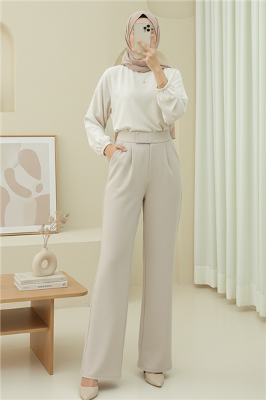 Beli Cırtcırt Detay Boru Paça Kumaş Pantalon  -Bej