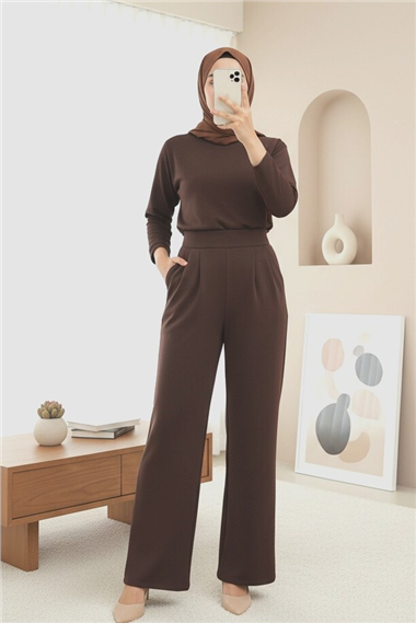 Beli Cırtcırt Detay Boru Paça Kumaş Pantalon  -Kahve