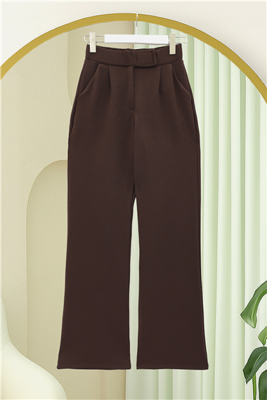Beli Cırtcırt Detay Boru Paça Kumaş Pantalon  -Kahve