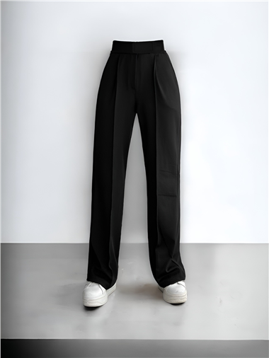 Beli Cırtcırt Detay Boru Paça Kumaş Pantalon -Siyah