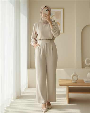 Beli Cırtcırt Detay Boru Paça Kumaş Pantalon  -Bej