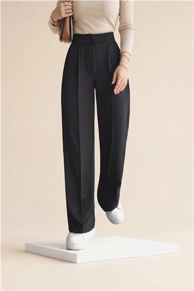 Beli Cırtcırt Detay Boru Paça Kumaş Pantalon -Siyah