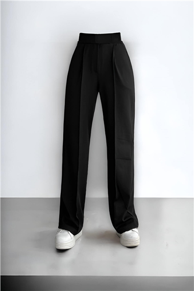 Beli Cırtcırt Detay Boru Paça Kumaş Pantalon -Siyah