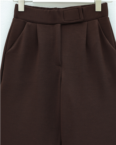 Beli Cırtcırt Detay Boru Paça Kumaş Pantalon  -Kahve