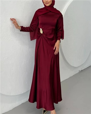 Beli Drapeli Düz Saten Elbise -Bordo