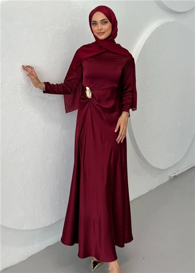 Beli Drapeli Düz Saten Elbise -Bordo