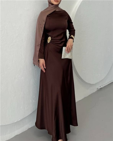 Beli Drapeli Düz Saten Elbise -Kahve