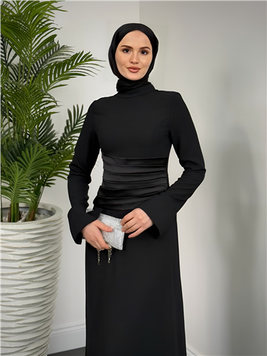 Beli Drapeli Kolu Düğmeli Krep Elbise -Siyah