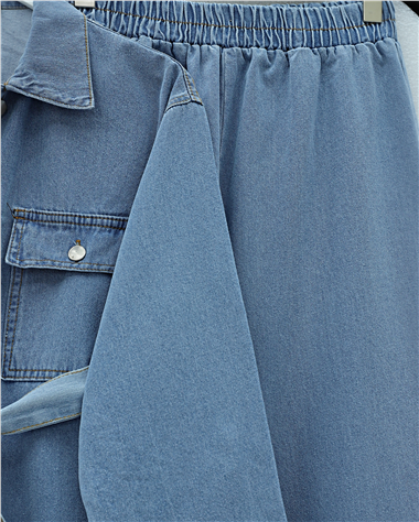 Beli Kemerli Cepli Önü Düğmeli Kot Takım  -Buz Mavi