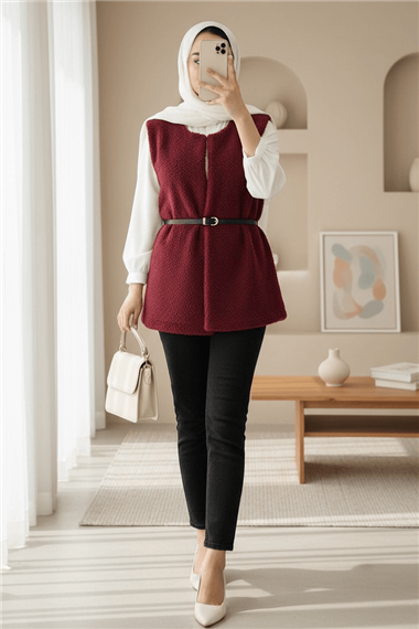 Beli Kemerli Çift Cepli Astarlı Peluş Yelek -Bordo