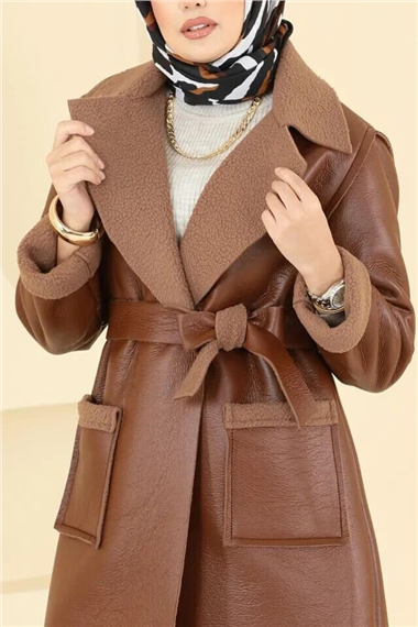 Beli Kemerli Çift Cepli İçi Kürklü Deri Kaban -Taba