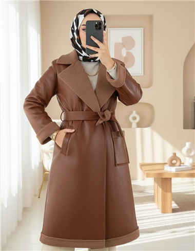 Beli Kemerli Çift Cepli İçi Kürklü Deri Kaban -Taba