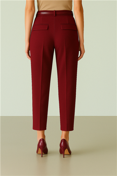 Beli Kemerli Çift Cepli Pantolon  -Bordo
