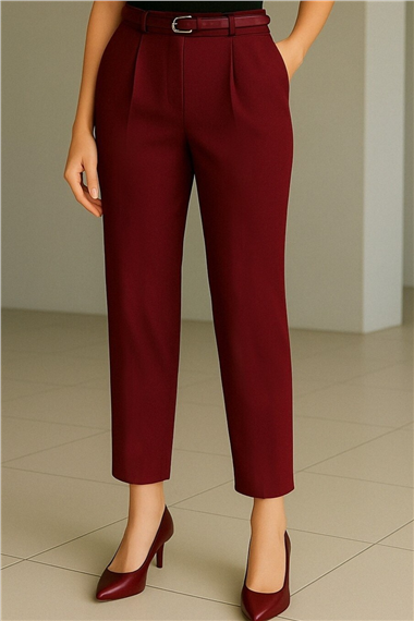 Beli Kemerli Çift Cepli Pantolon  -Bordo