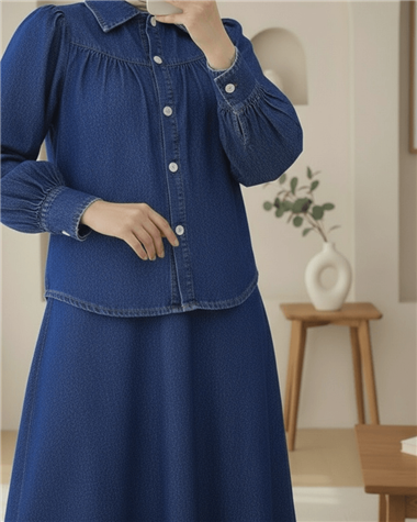 Beli Kemerli Önü Düğmeli Etekli Kot Takım -Laci