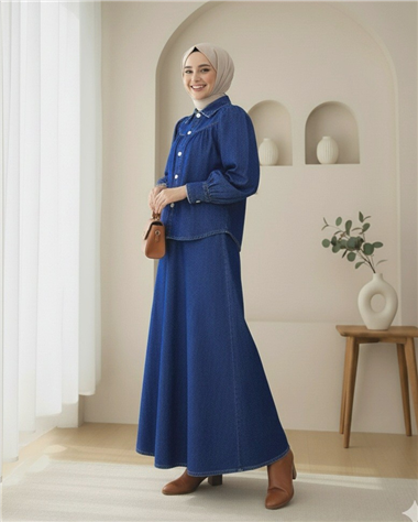 Beli Kemerli Önü Düğmeli Etekli Kot Takım -Laci