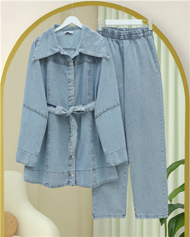 Beli Kemerli Önü Düğmeli Pantolonlu Kot Takım -Buz Mavi