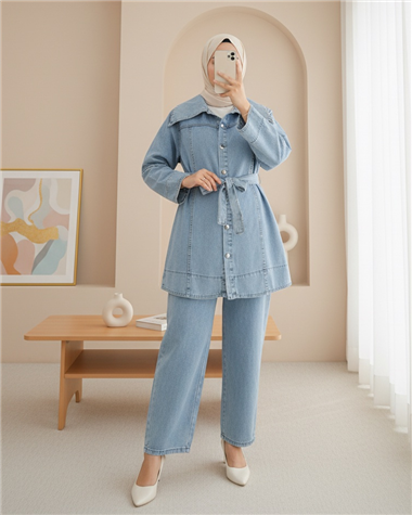 Beli Kemerli Önü Düğmeli Pantolonlu Kot Takım -Buz Mavi