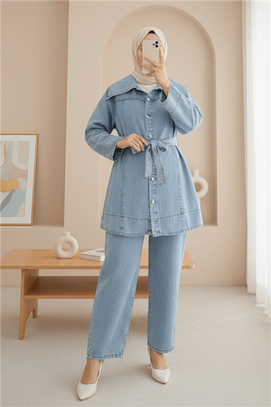 Beli Kemerli Önü Düğmeli Pantolonlu Kot Takım -Buz Mavi