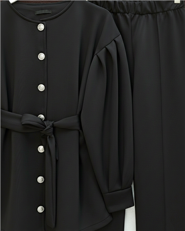 Beli Kemerli Önü Düğmeli Pantolonlu Scuba Takım  -Siyah