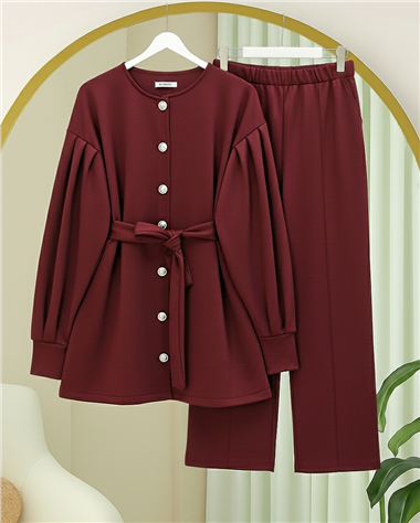 Beli Kemerli Önü Düğmeli Pantolonlu Scuba Takım  -Bordo