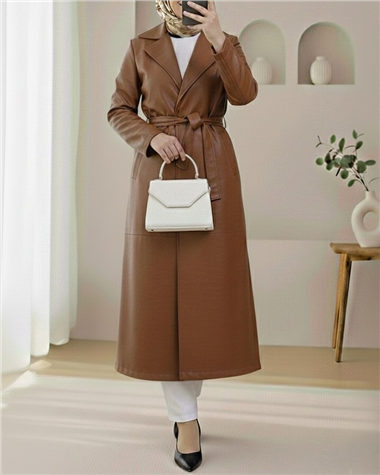 Beli Kemerli Yan Cebli Tek Düğmeli Deri Trençkot -Taba